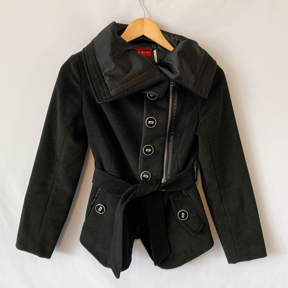 Ciao Milano Black Shawl Neck Wrap Style Pea Asymmetrical Coat Size Extra Small - Picture 7 of 12